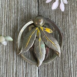 Vintage Silver and Yellow Leaf Dress Clip Brooch